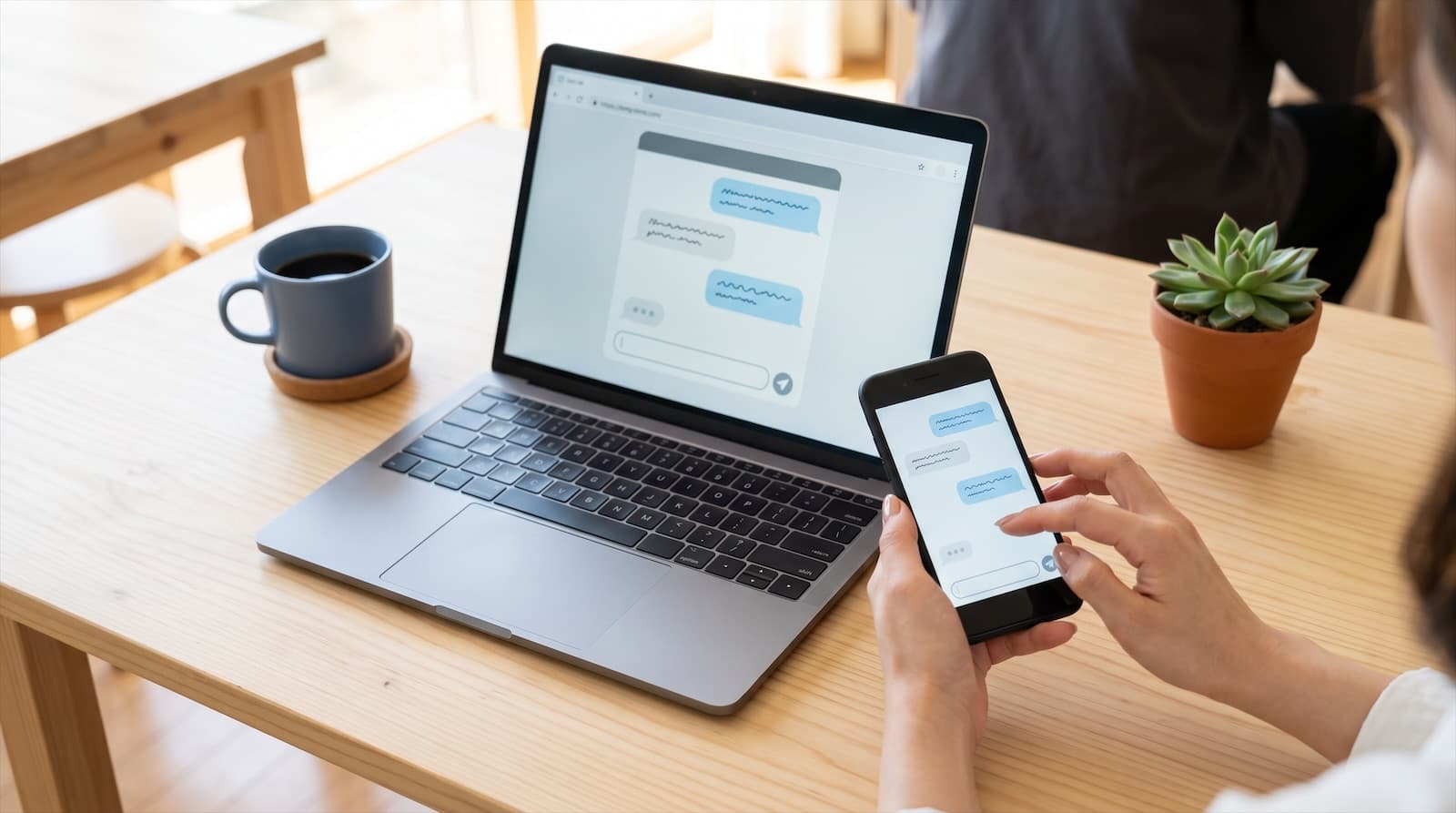 自社サイトのチャット画面が表示されたスマートフォンとノートパソコンが並ぶ、すっきりした机のイメージ写真