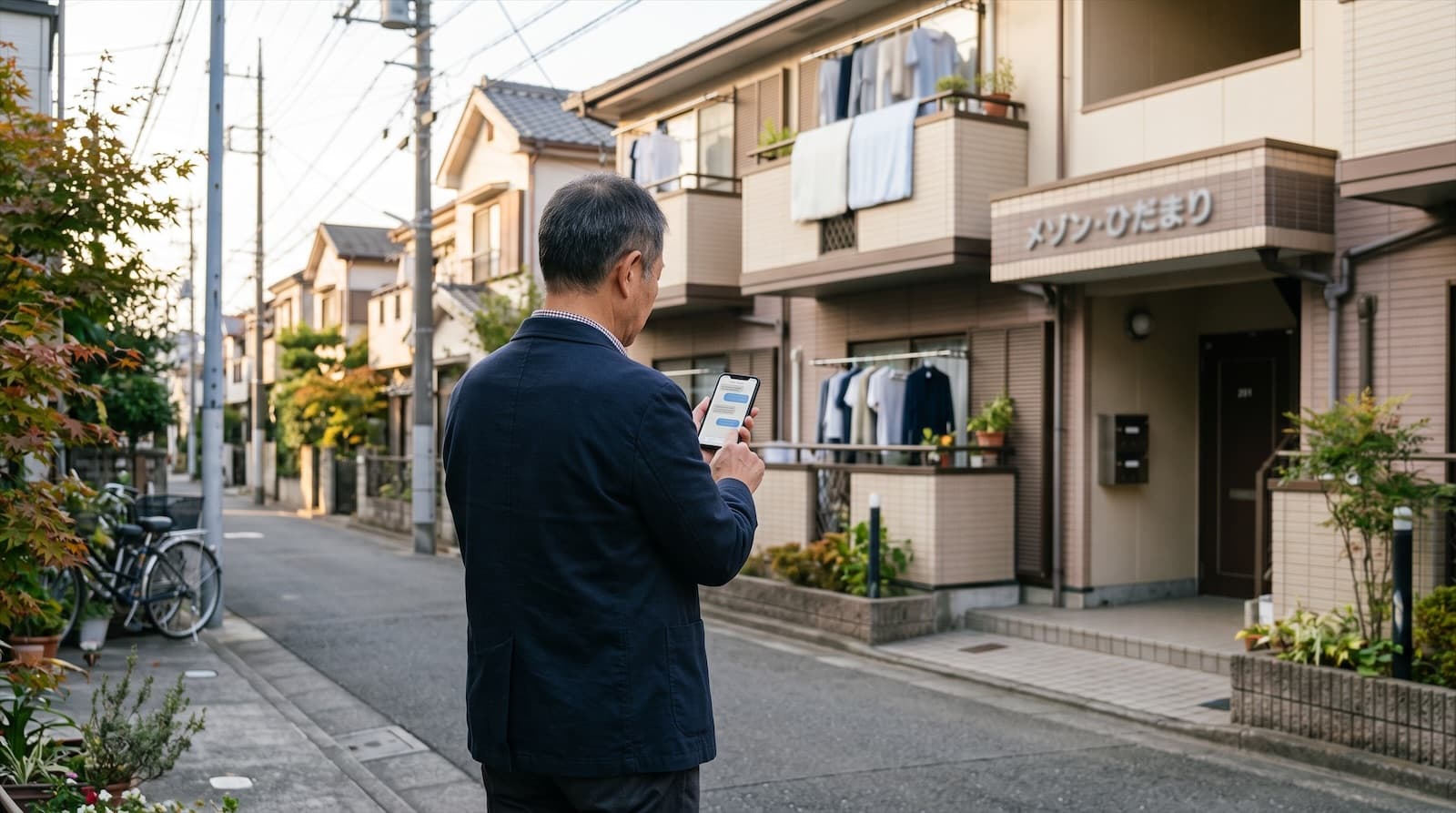 住宅街のアパートの前で、大家さんがスマートフォンのチャット画面を見ている後ろ姿のイメージ写真