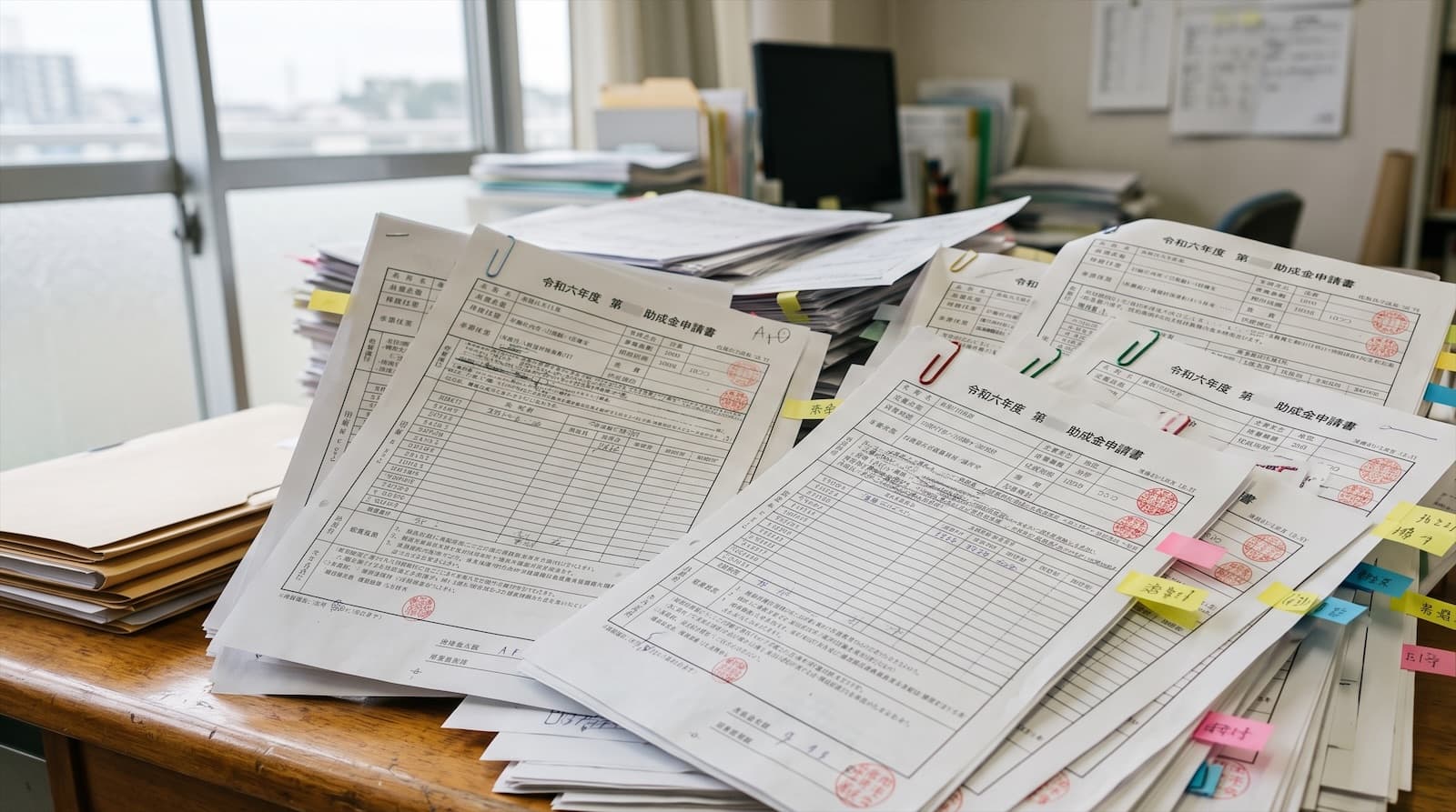 同じ申請書類が重なって印刷され、どれが最新か分からなくなっている書類の山のイメージ写真
