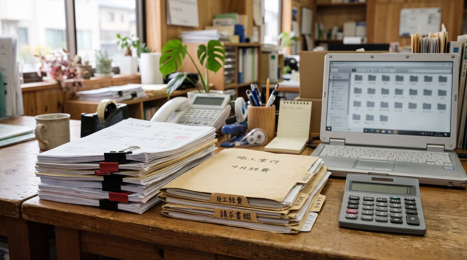 月初に届いた請求書の束と、ファイル名がばらばらのフォルダが並ぶ経理の机のイメージ写真