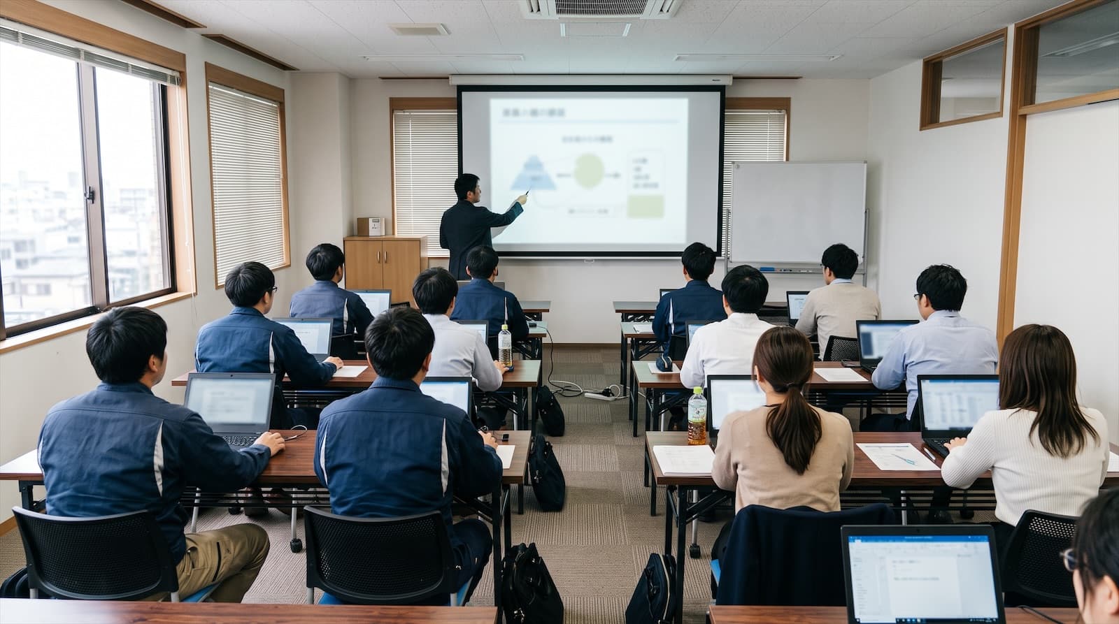 明るい研修室で、社員がノートパソコンを開きながら前のスクリーンの説明を聞いている後ろ姿のイメージ写真
