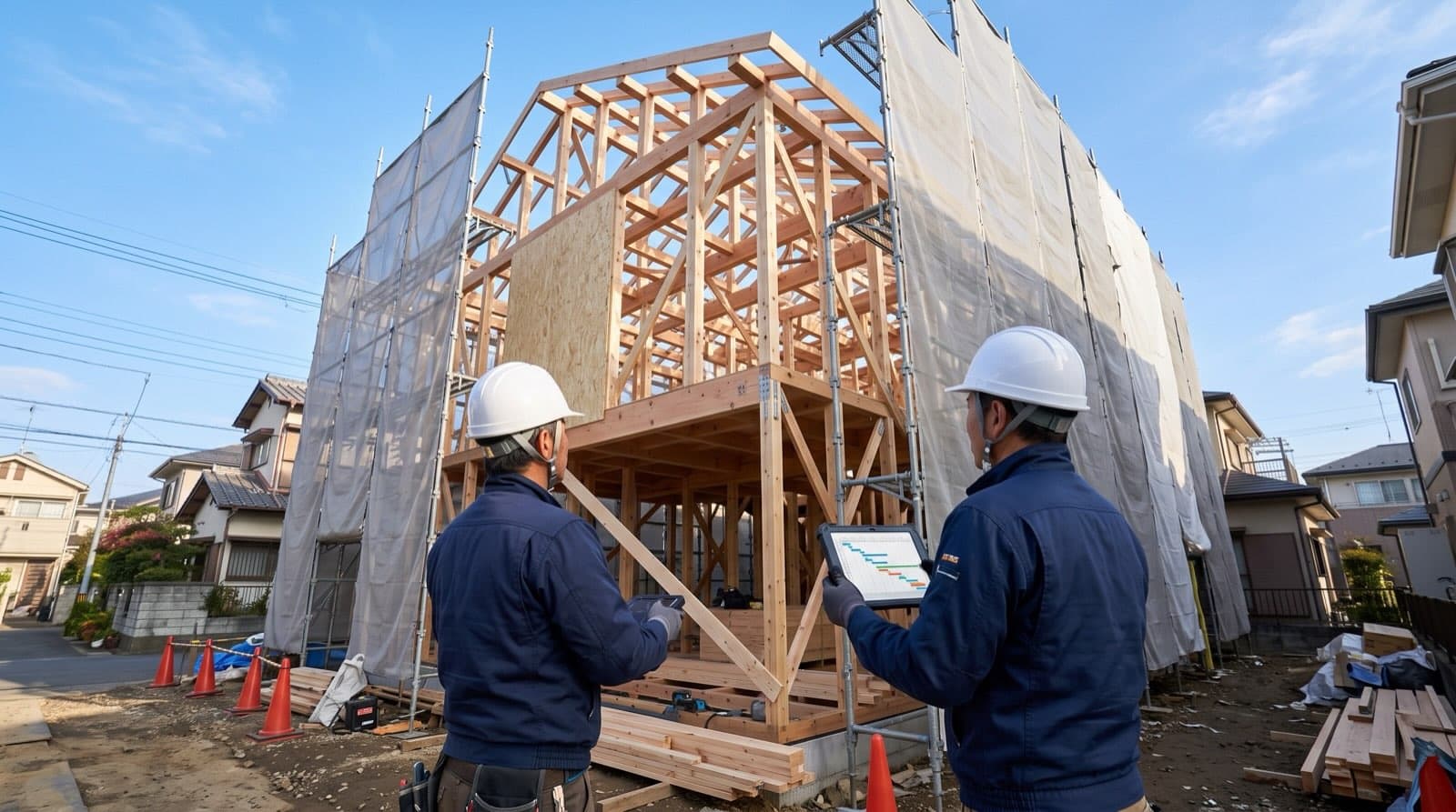 上棟直後の木造2階建ての建設現場で、現場担当者がタブレットの工程表を確認しているイメージ写真