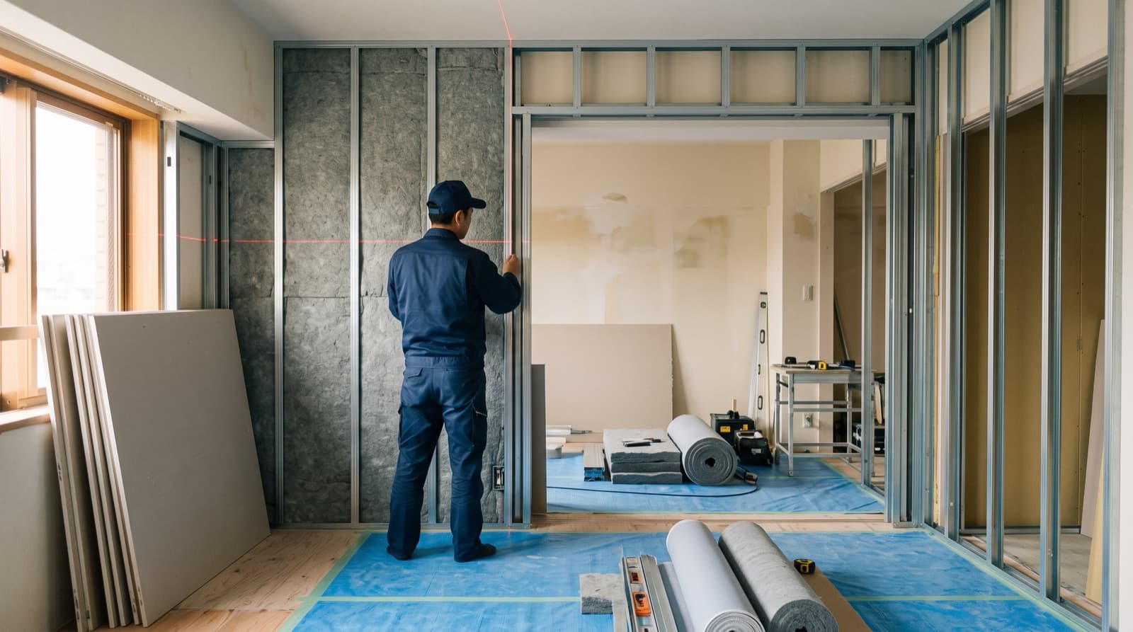 マンションの一室を防音室に改装している現場で、職人がレーザー墨出しの線を確かめているイメージ写真
