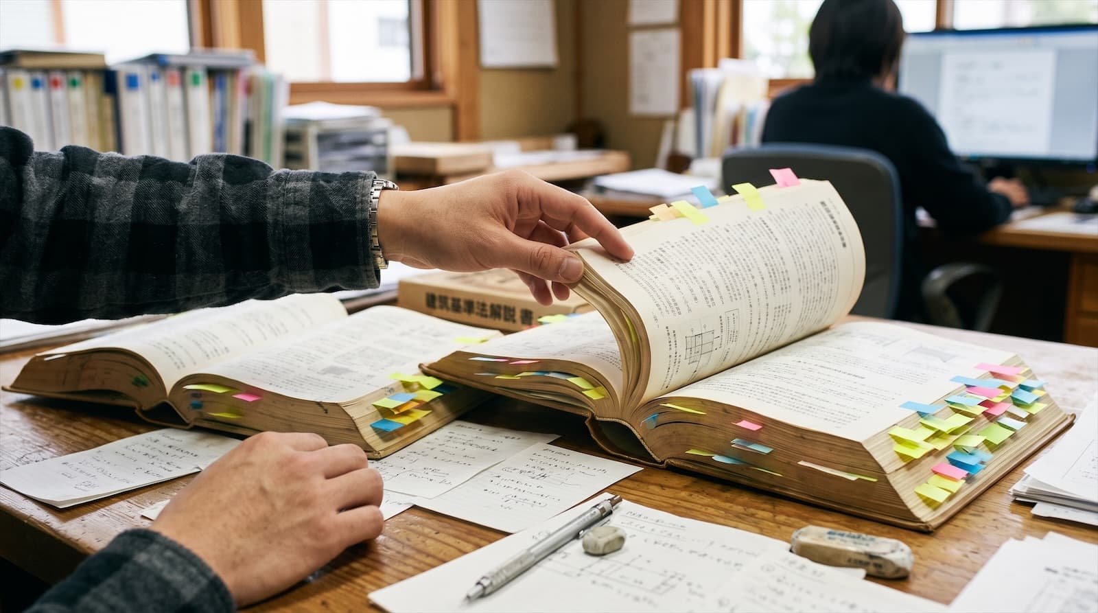 付箋だらけの分厚い法令解説書が2冊開かれ、メモ用紙が散らばった設計デスクのイメージ写真