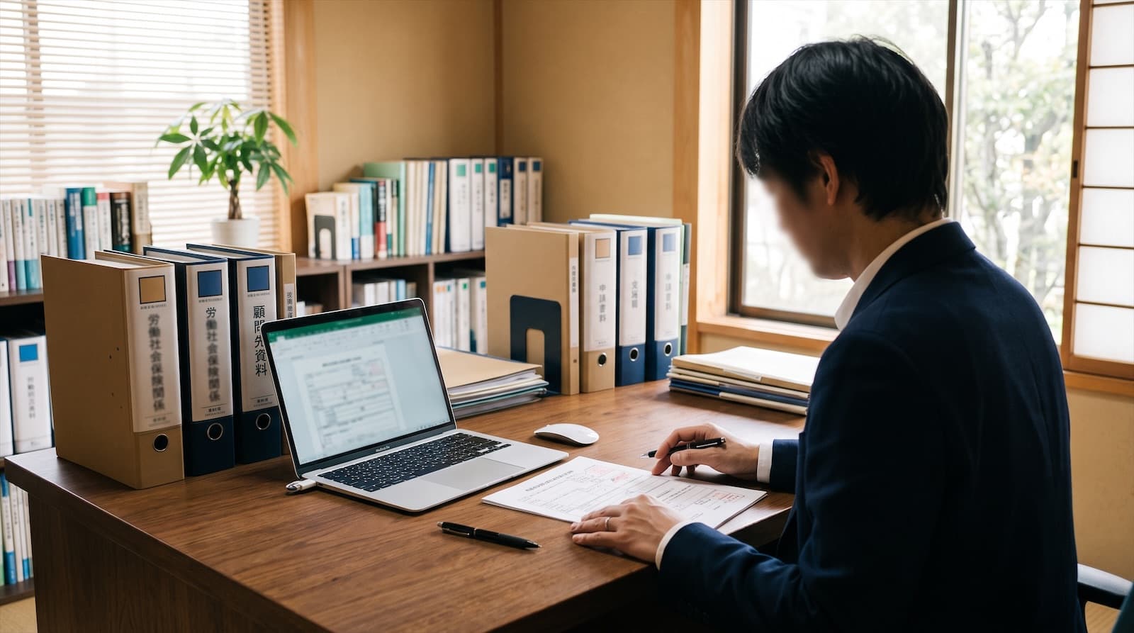 落ち着いた事務所の机で、ノートパソコンとファイルを前に手続き書類を確認している手元のイメージ写真