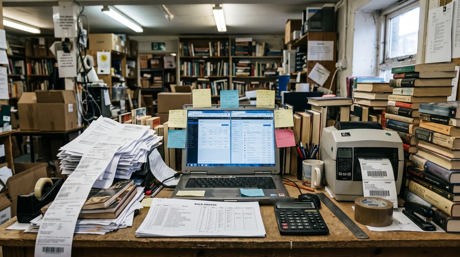 印刷した納品書の束や手書きの取り寄せ一覧、2つの管理画面を並べたノートパソコン、ラベルプリンターが置かれた出荷作業台のイメージ写真