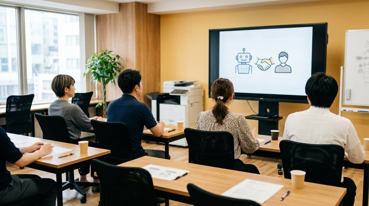研修室で、社員がAIと人が手を取り合うスライドを見ているイメージ写真