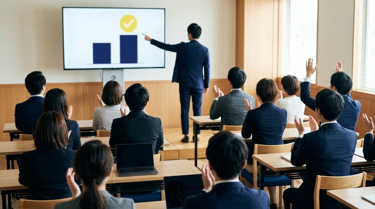 社員が前に立ち、成果を示すグラフのスライドを指して発表しているのを後ろから見たイメージ写真
