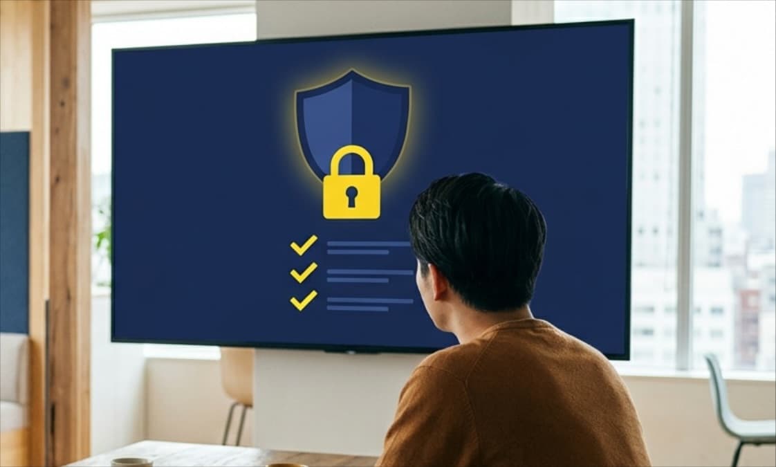 社員が、安全を表す盾と鍵のアイコンが映ったディスプレイを見ているイメージ写真