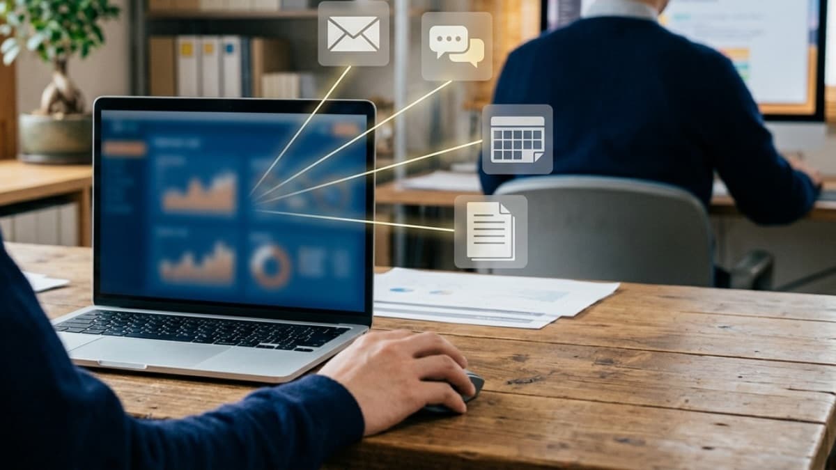 パソコンからメールやチャット、カレンダーのアイコンへ線がつながっているイメージ写真