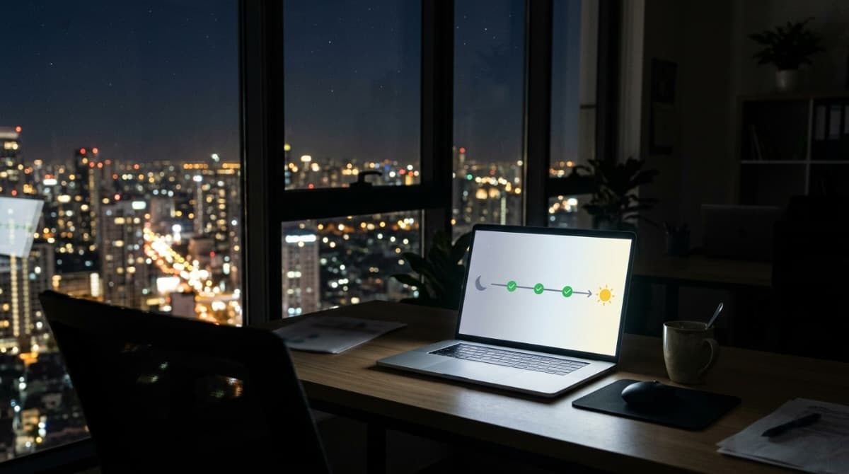 夜のオフィスで、パソコンの画面に夜から朝へ進む作業の流れが表示されているイメージ写真