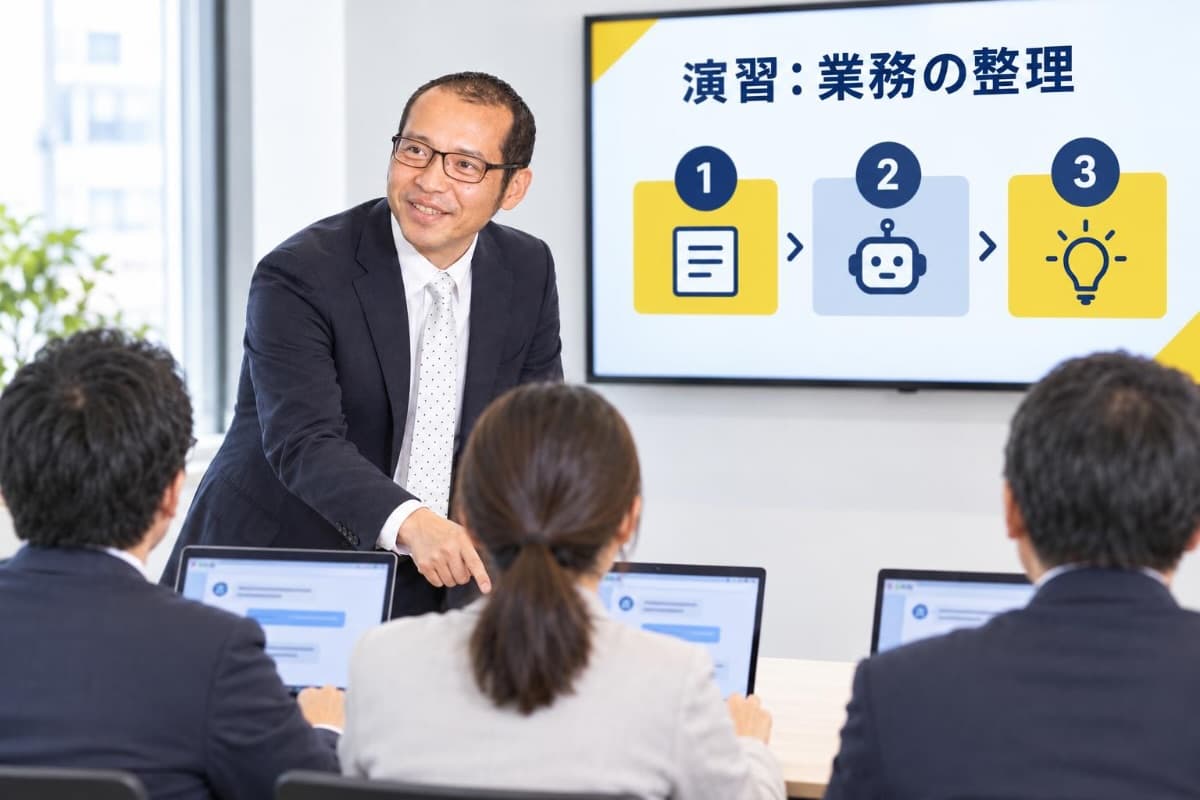 AIコンサル育成講座の演習で、受講生のパソコンを指して助言する嶺本高志